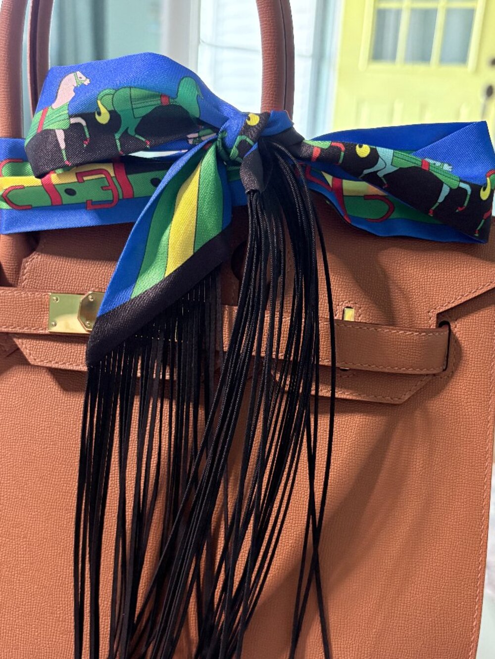 Fringe  Handbag Wrap in Blue/Black/Horse Pattern – Trendy Bag Accessory